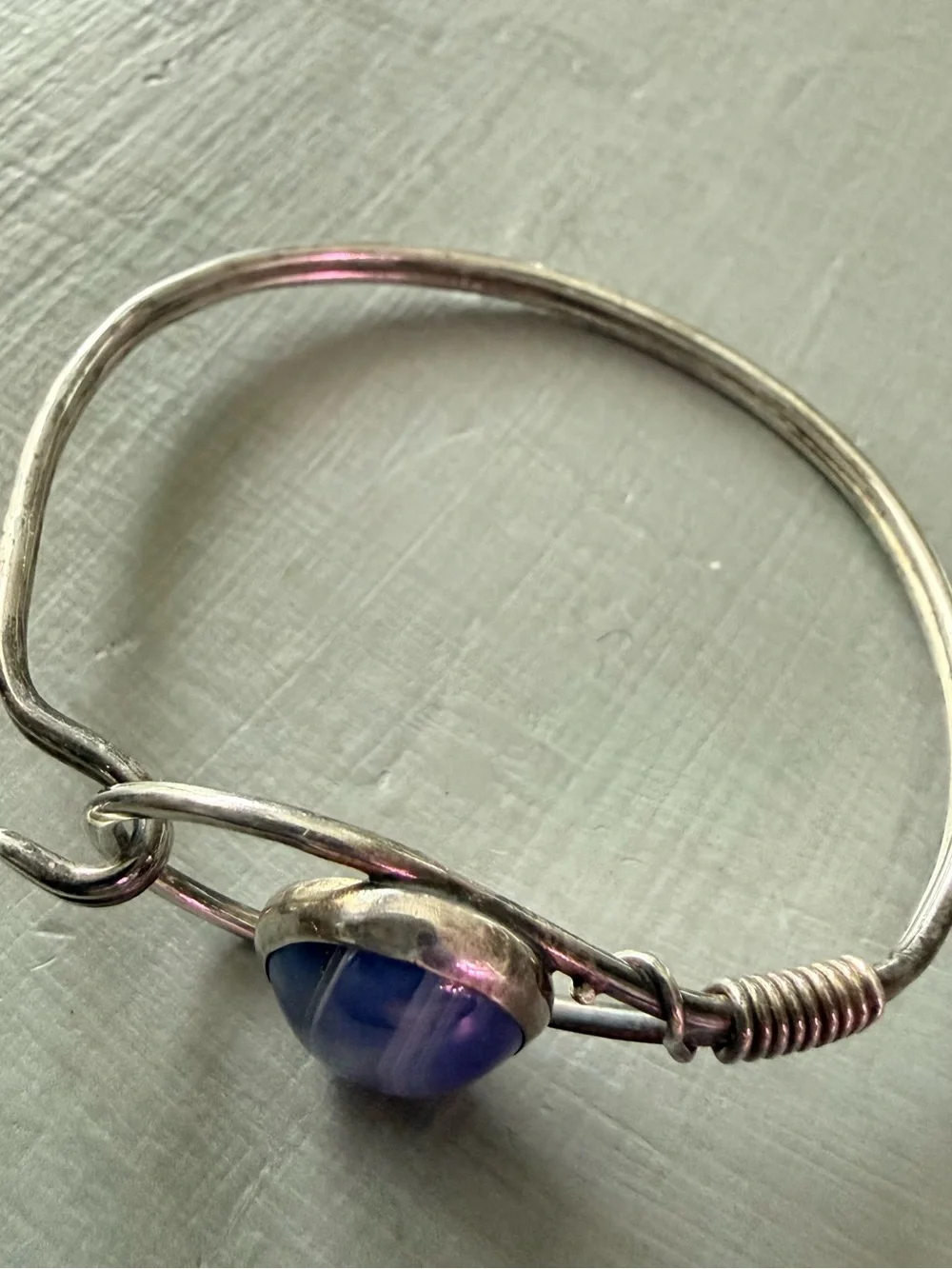 925 Sterling Silver Hook Bangle Bracelet Blue Cat eye Oval Stone